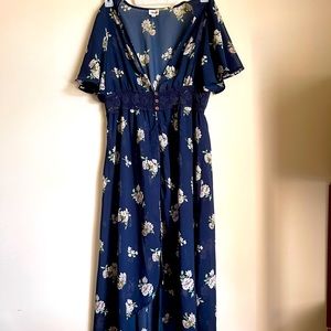 Dizzire Boho Blue Floral Short Sleeve Maxi Dress size L